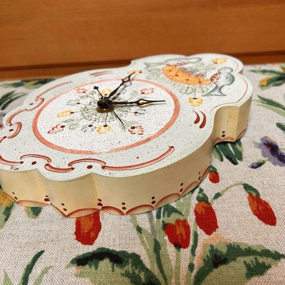 VTG Hand-Painted Rosemaling Blue Birds Floral Wood Clock TESTED WORKS Signed Lee